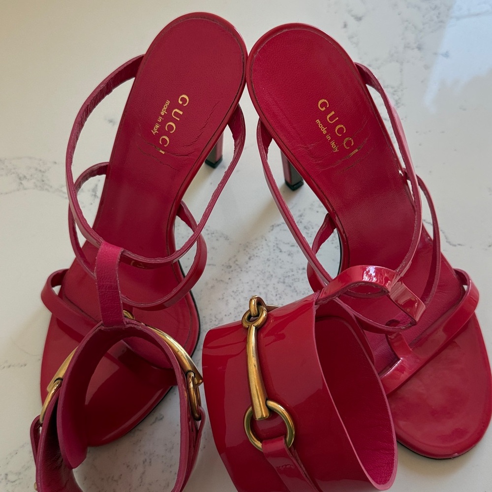 Gucci Ursula Horsebit Ankle Strap Heels Red Patent Leather Size 36.5 - Picture 12 of 17